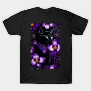 Gothic Black Cat Lost In Purple Elegance T-Shirt